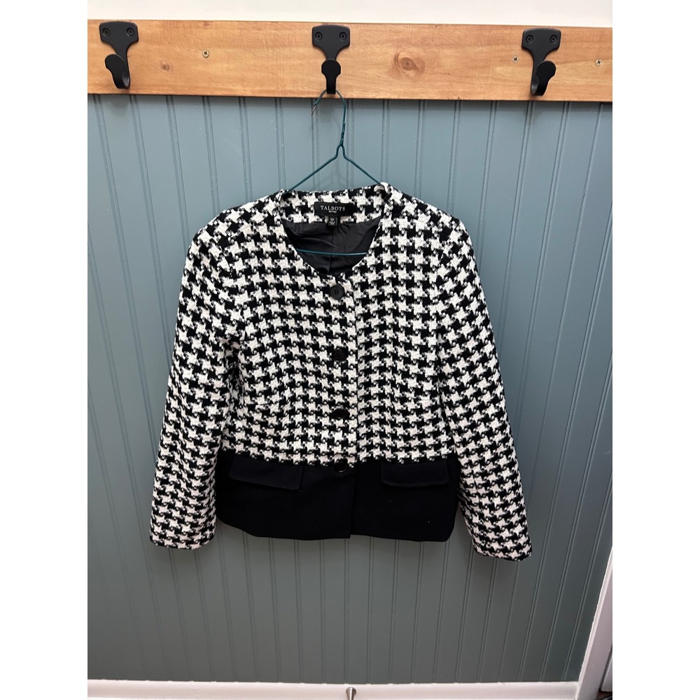 Talbots Petites Houndstooth Blazer Jacket Black White Colorblock Size 12P Lined
